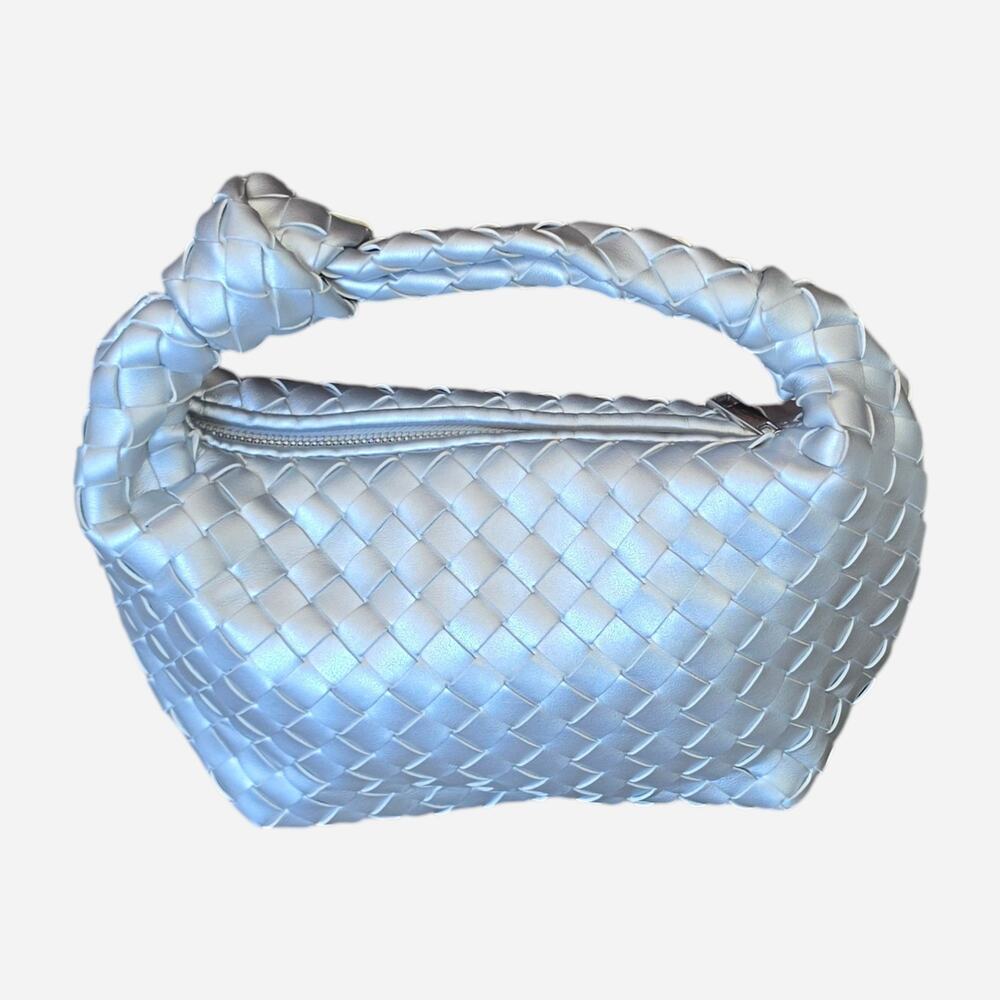 Women's Metallic Silver Knotted Handle Woven Purse Handbag Slouchy Hobo Bag